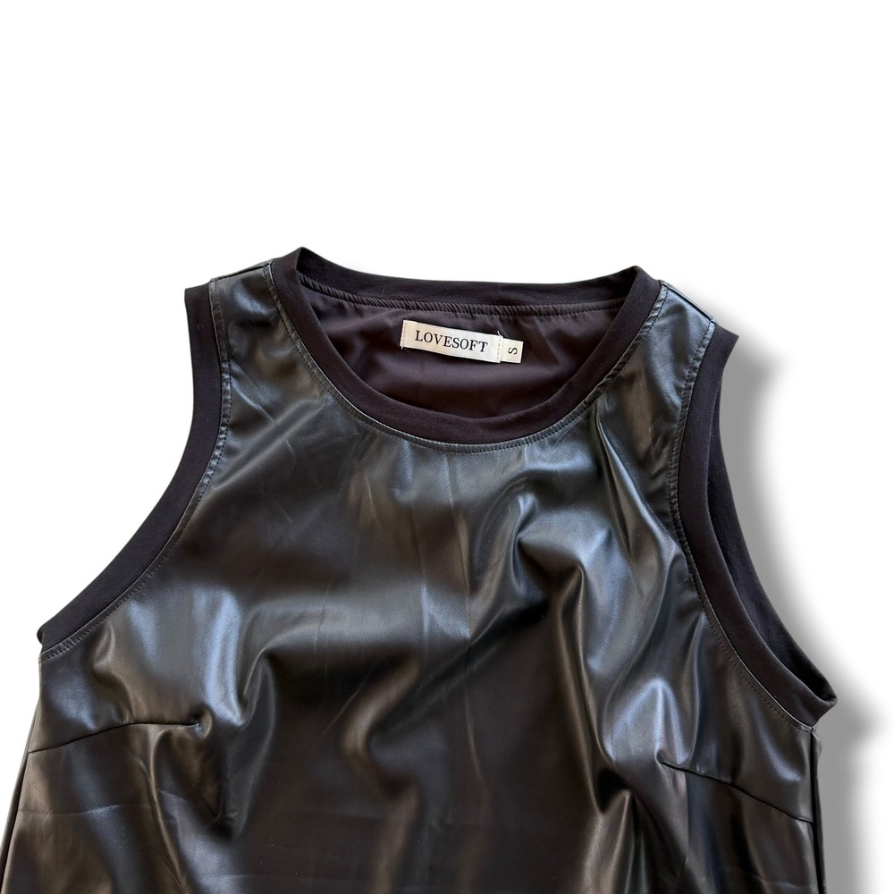 LOVESOFT Women S Black Faux Leather Sleeveless Crew Neck Tank Top Grunge Mobwife